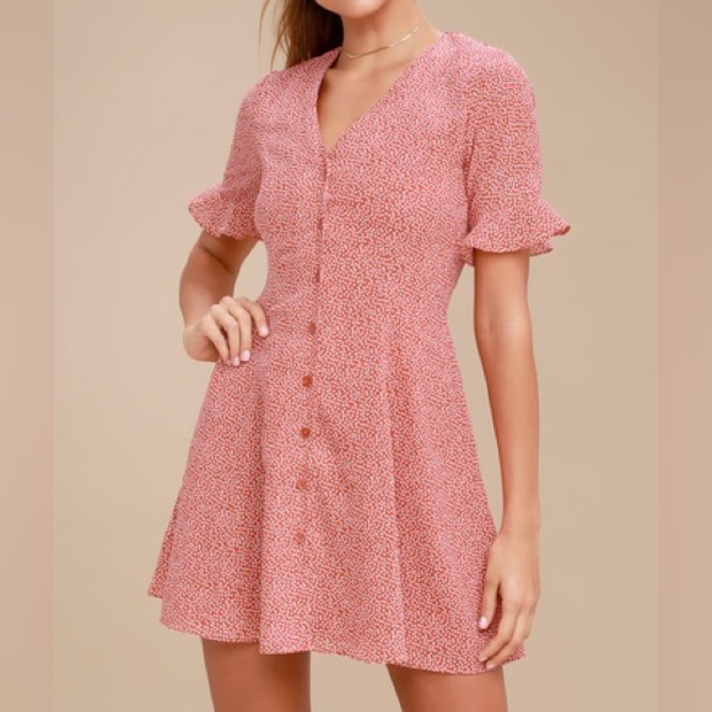 Lulu’s Castana Rust Red Print Button-Up Dress Siz… - image 3